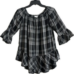 Beachlunchlounge Black White Plaid Ruffle  3/4 Sleeve Soft Top, Size S